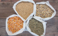 overhead view of bags with grains and pellets for sale at the forage