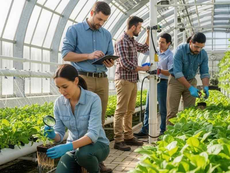 Team of researchers examining plants, collecting data and adjusting equipment inside a greenhouse.
