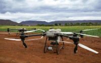 Agricultural drones positioned on farmland, symbolizing precision technology and the modernization of AgriTech in Central America.