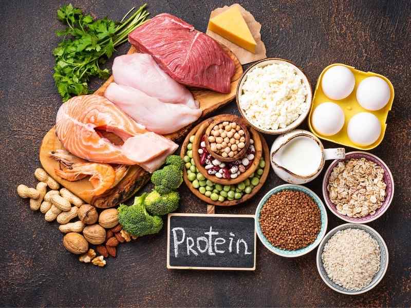 Variety of high-protein foods including fish, meat, eggs, dairy, legumes, nuts and grains arranged on a table.