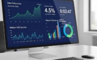 Business analytics dashboard showing sales performance, conversion rate, and website traffic sources on a desktop monitor.