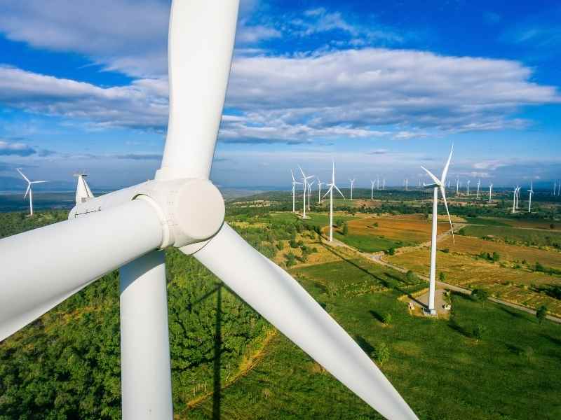 Wind turbines across rural land, illustrating large-scale renewable energy generation and grid-connected wind power.