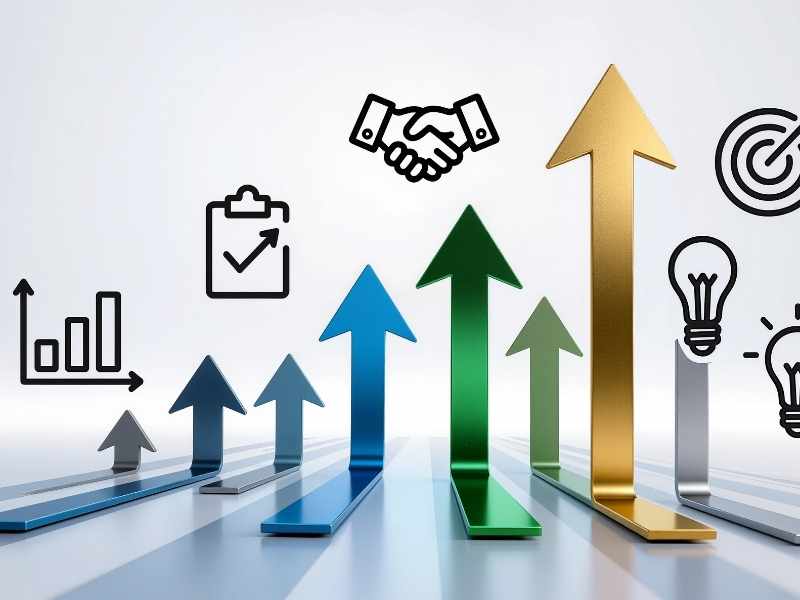 Upward arrows with icons for checklists and partnerships, symbolizing business growth and progress.