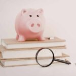 Pink piggy bank sitting on stacked books with a magnifying glass in front, symbolizing saving and learning.