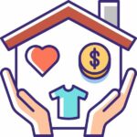 Hands holding a house icon with symbols for health, clothing, and money, representing the needs category in a budget.