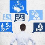 Person seen from behind looking at icons representing revenue, leadership, and business performance metrics.