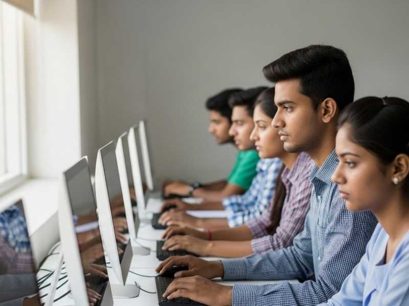 People working on desktop computers in a training setting, developing practical tech skills.