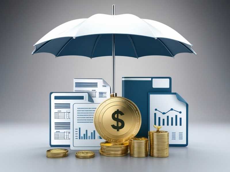 Umbrella shielding financial charts and coins, symbolizing protecting savings from fraud and risky schemes.