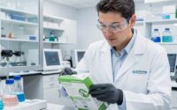 A high-end laboratory setting where a professional technician is carefully examining a sustainable packaging sample under bright, clean lighting. Focus on detail and precision.