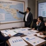 Hyperrealistic editorial scene of a Central American business strategy room with large regional maps, cross-border logistics routes, printed financial reports and executives reviewing expansion plans. Clean modern atmosphere, subtle Central American context, sophisticated corporate realism. NO stock-photo handshake, NO futuristic holograms, NO skyscraper skyline overload, NO coffee cups as focal point.