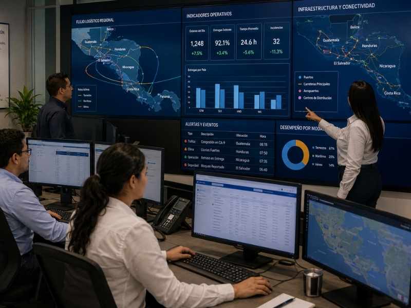 Editorial-style operations control center monitoring regional business activity across several Central American countries. Multiple screens with logistics flow, infrastructure maps and operational dashboards. Professional but realistic environment with analysts coordinating daily operations. NO cyberpunk aesthetics, NO giant trading floor, NO exaggerated tech environment, NO coffee branding.