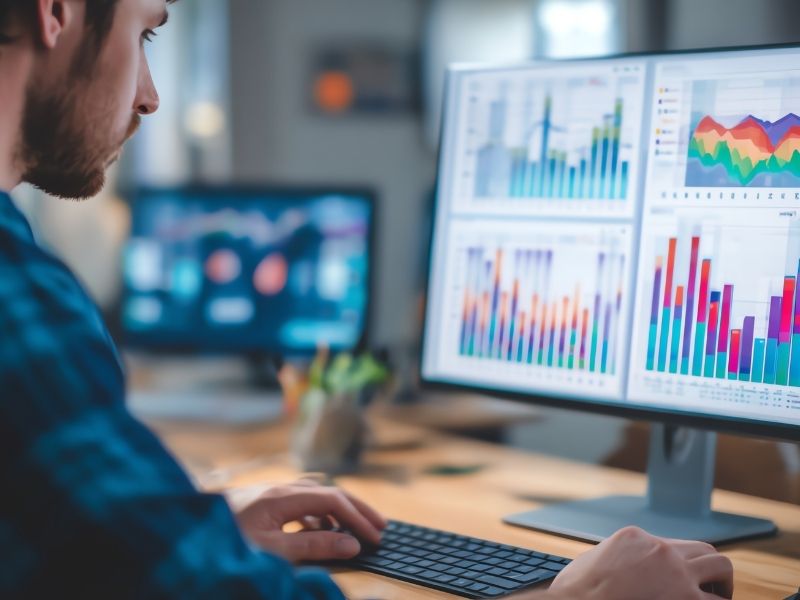 Professional reviewing sustainable finance targets, performance indicators and reporting data on a digital dashboard.