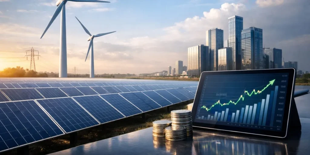 Financial growth and renewable energy representing sustainable finance and green investment strategies