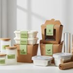Assortment of food products packaged in cardboard boxes, paper containers and glass jars, illustrating different sustainable food packaging options.
