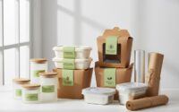 Assortment of food products packaged in cardboard boxes, paper containers and glass jars, illustrating different sustainable food packaging options.