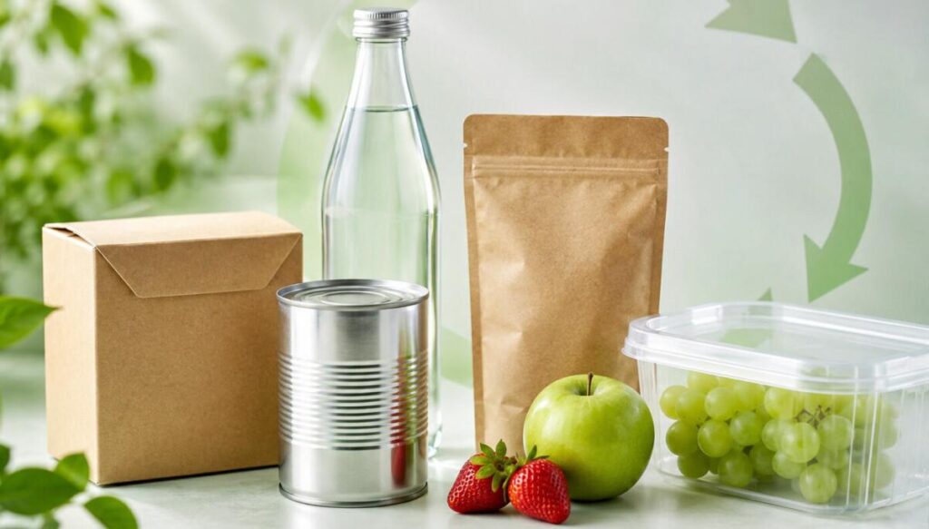 Cardboard food boxes, paper packaging and glass containers arranged on a table to illustrate recyclable packaging materials and circular design.