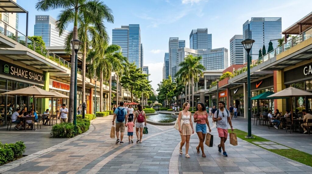 People walking through a commercial plaza with retail stores and restaurants, illustrating how shopping centers support local economic activity.