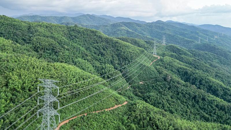 High-voltage transmission towers and power lines crossing a green landscape, representing infrastructure used to distribute electricity from renewable energy projects.