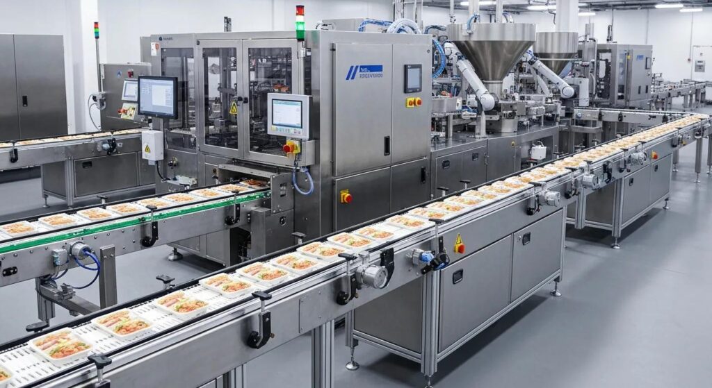 Automated food packaging production line with industrial machinery filling and sealing food containers inside a manufacturing facility.