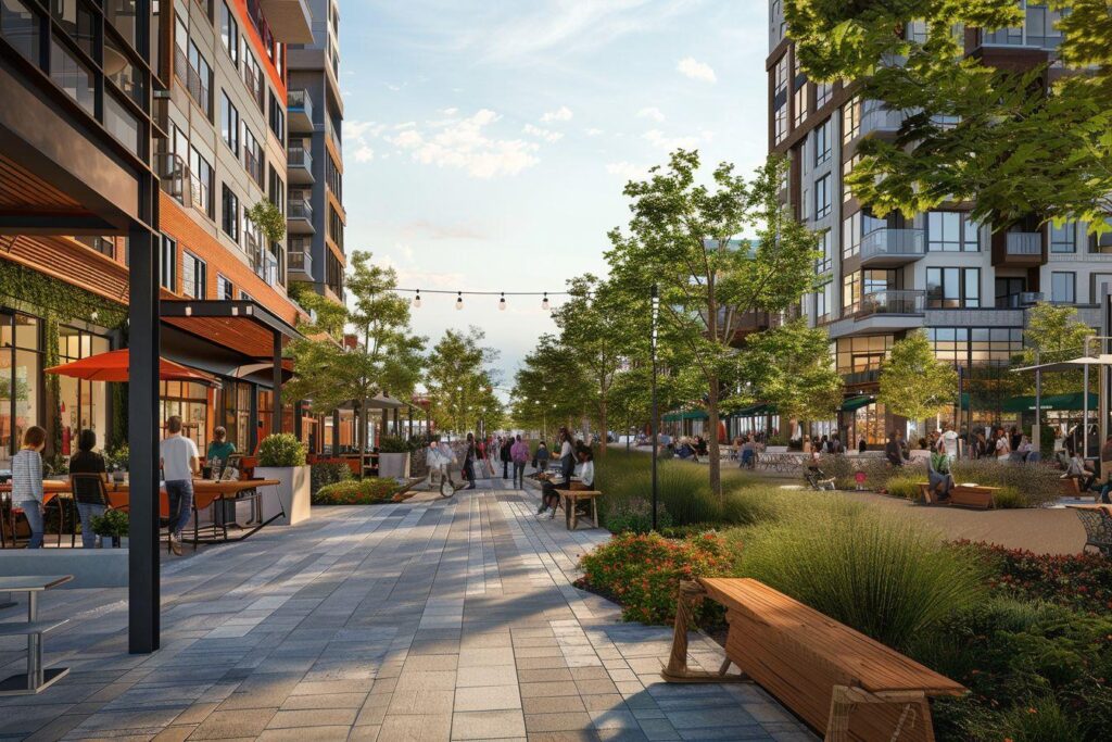 Modern commercial development with pedestrian walkways, green areas and retail buildings designed to connect shopping facilities with surrounding neighborhoods.